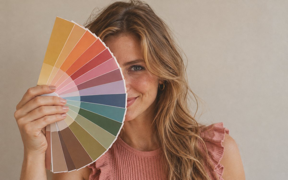 Mujer tapándose media cara con un abanico de muestras de color