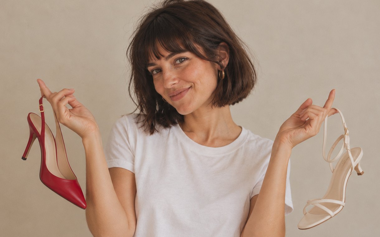 Mujer sosteniendo un stiletto rojo y una sandalia crema, uno en cada mano